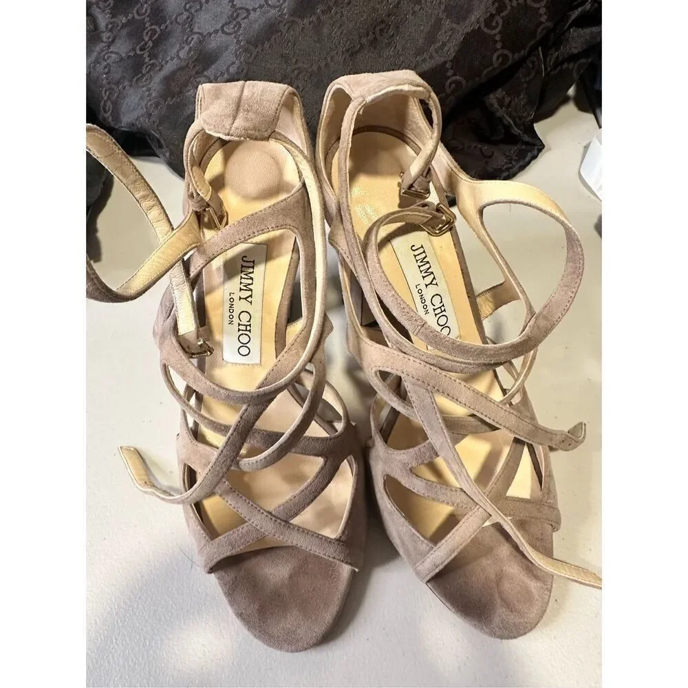 Jimmy Choo DILLAN Block Strappy Cage Block Heel Sandal Shoe Light Mocha 37 (7)